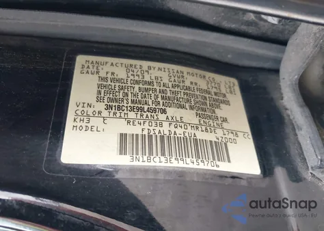2009 Nissan Versa S/Sl from USA, damaged, VIN 3N1BC13E99L459706